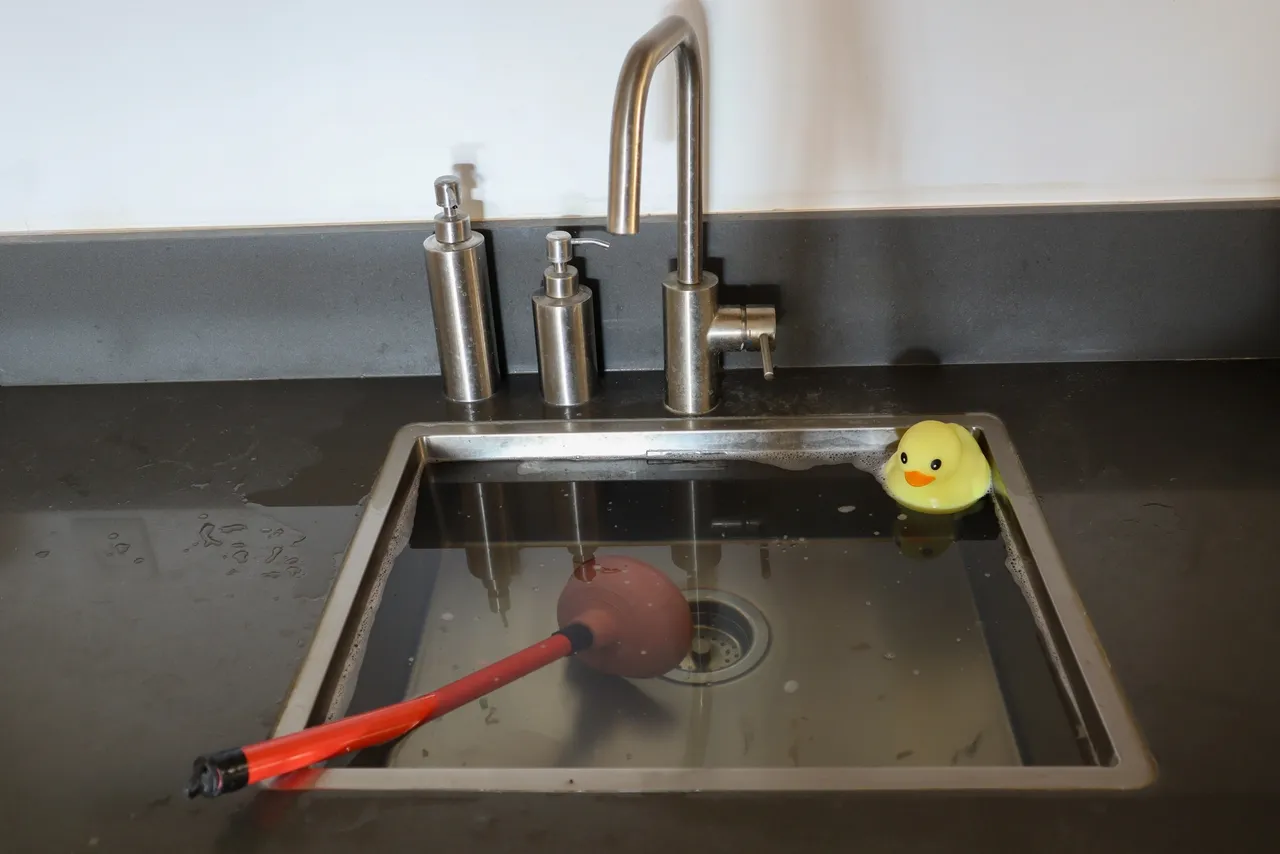 A kitchen sink with a plunger and a yellow rubber duck.