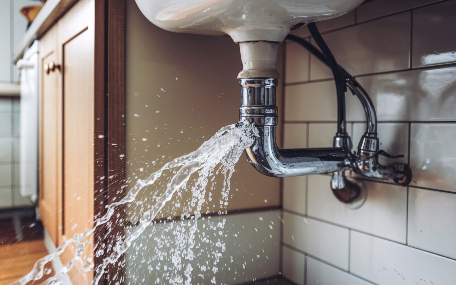 A photo of water spraying out of a cracked pipe under a kitchen sink. A photo of water spraying out of a cracked pipe under a kitchen sink.