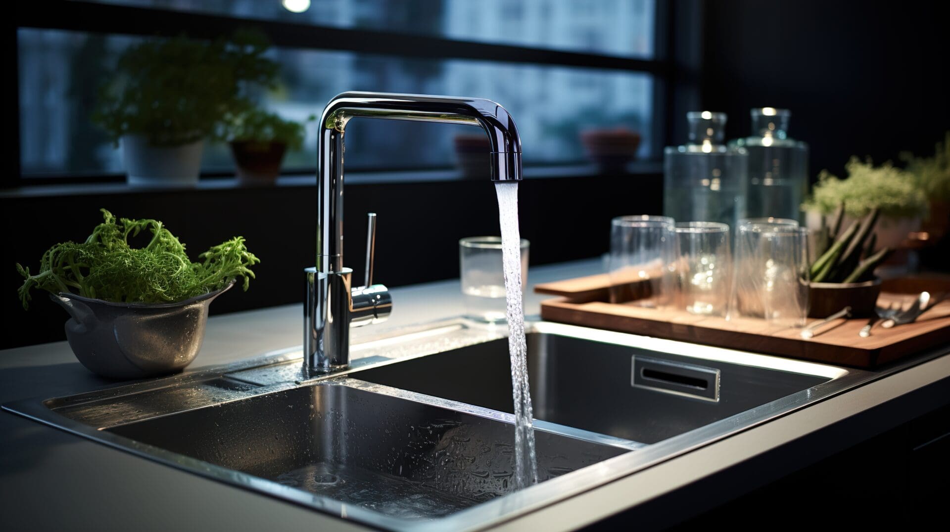 Kitchen faucet modern tap made of chrome material. Kitchen water mixer. Water tap made of chrome material Generative AI