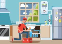 Young plumber in the uniform repair pipes on the kitchen. Special equipment, plumbing instruments. Vector illustration in cartoon style